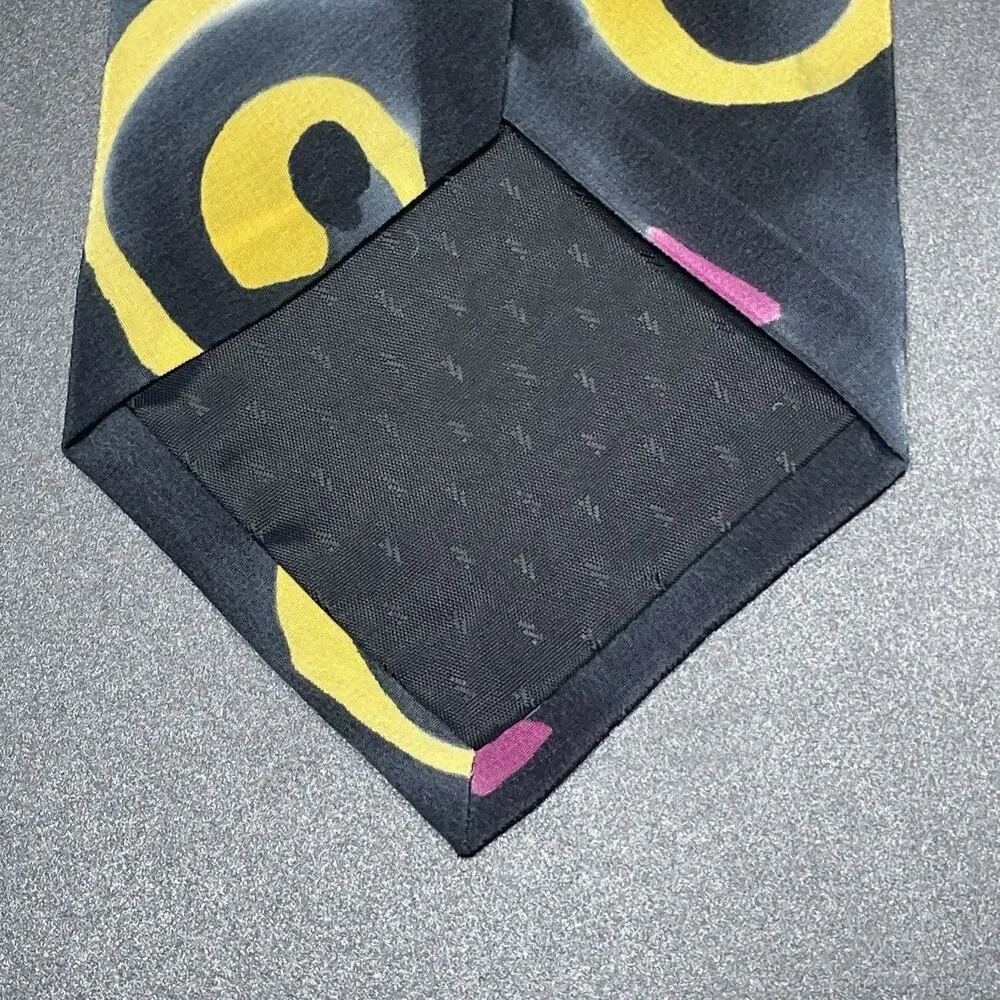 Vtg Marienbad Abstract Swirl Necktie Black Yellow Pink Designer 3.75” Artwear